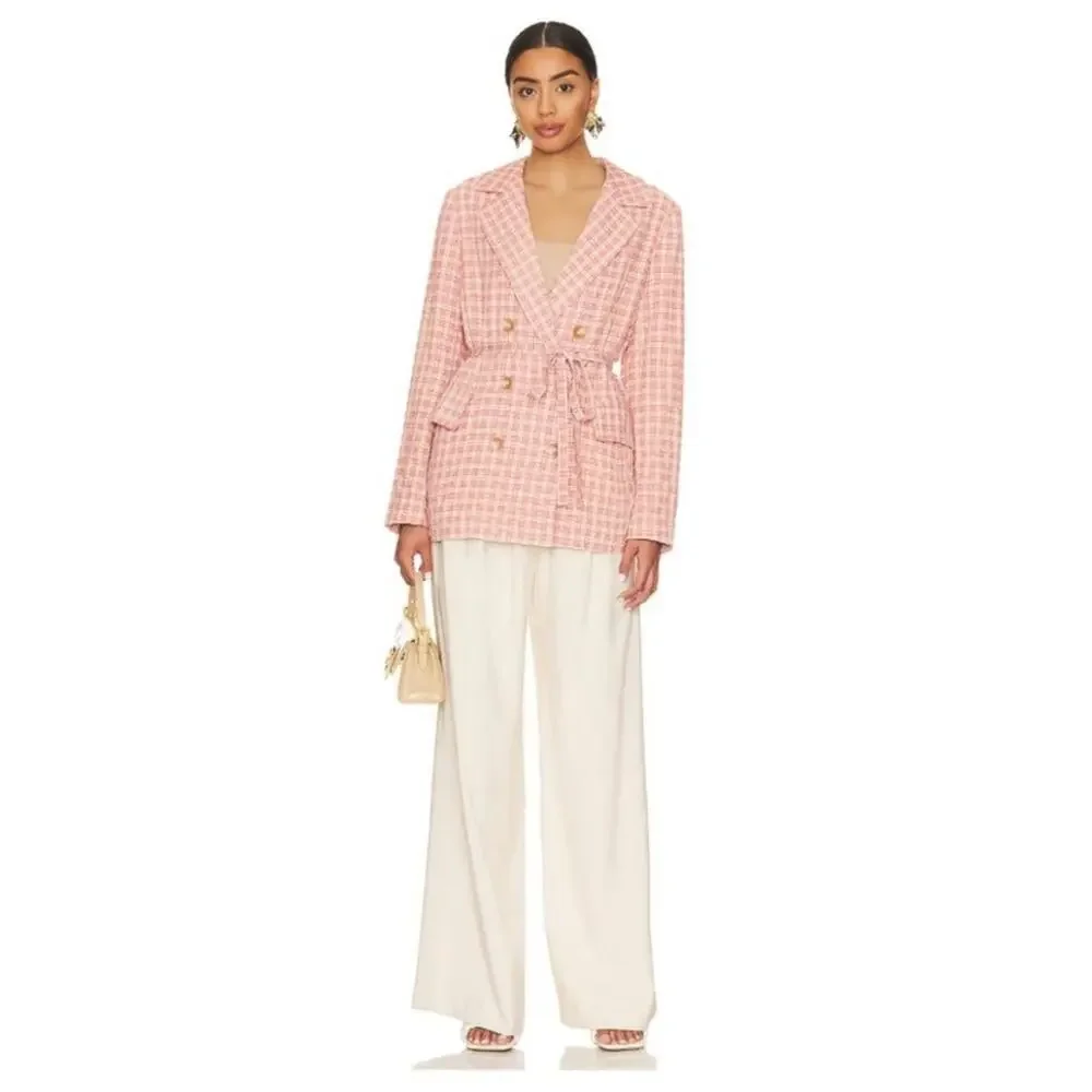 Free People Pink Cream Long Sleeve Button Waist Tie Olivia Gingham Blazer M